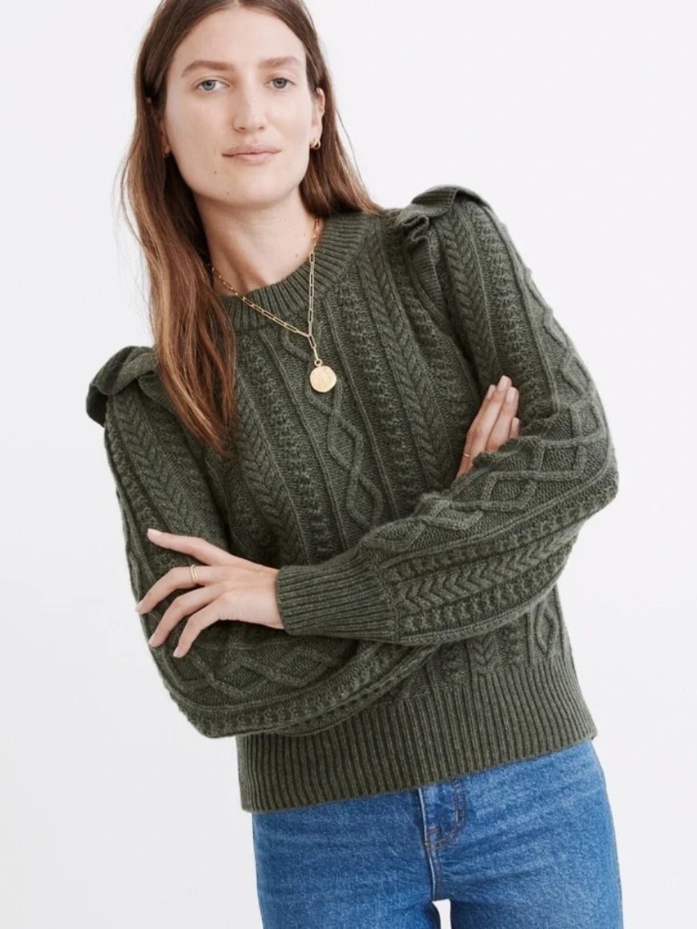 Madewell Hollydene Ruffle Shoulder Olive Wool Crew Sweater